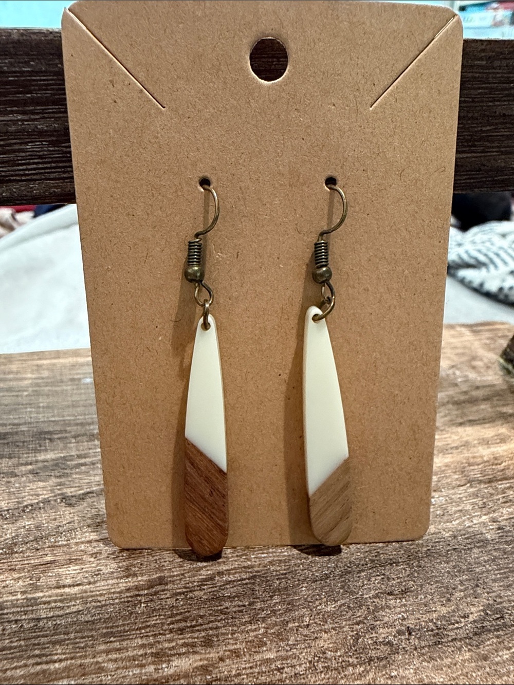 Cream and Wood Two-Tone Teardrop Dangle Earrings